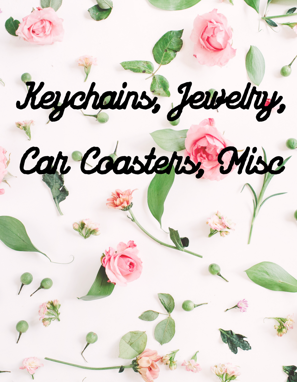 Keychains, jewelry, car coasters, misc
