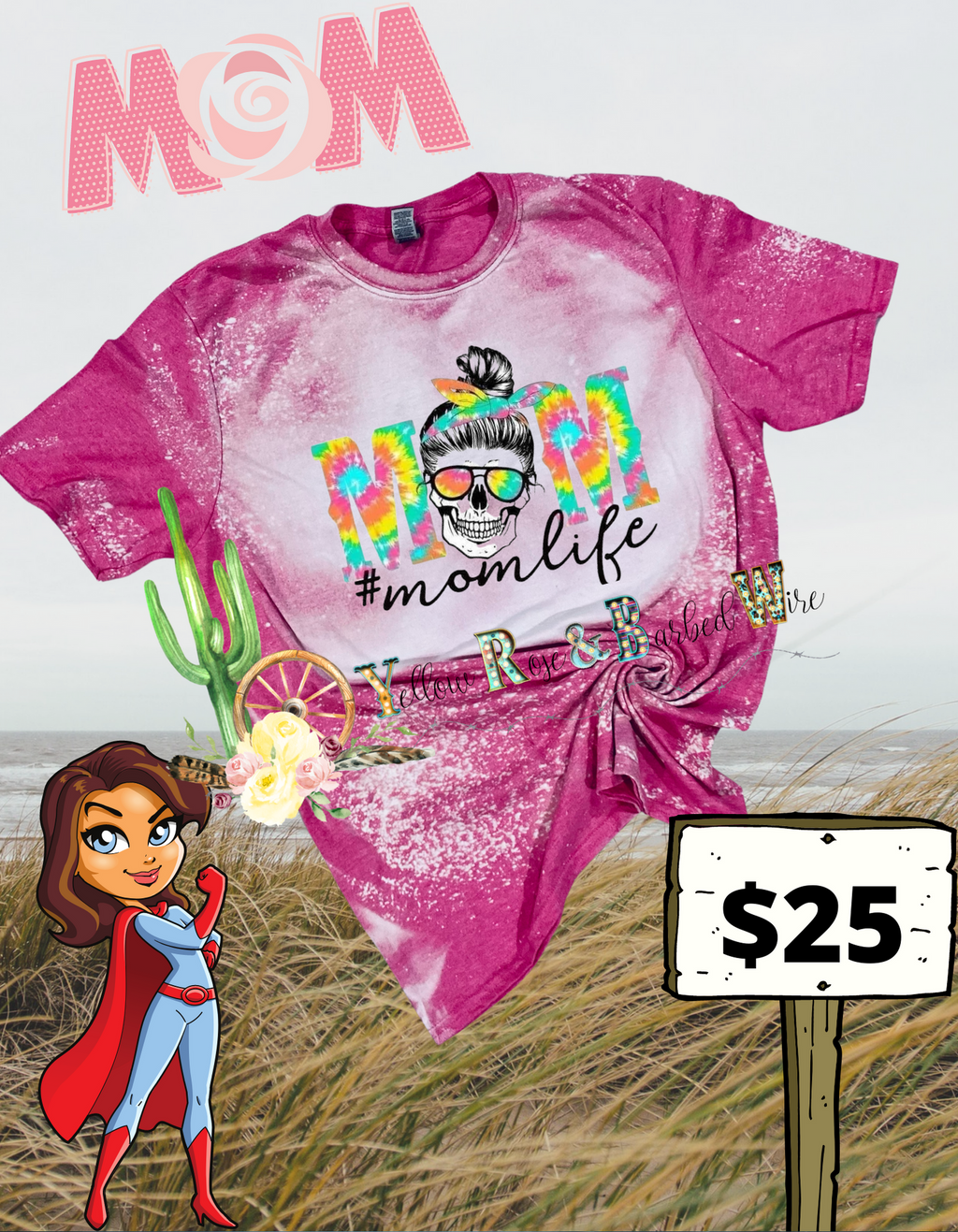 Rainbow skeleton “mom life” bleached tee