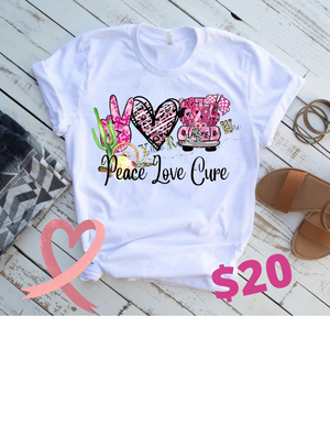 Peace, love, cure breast cancer awareness bleached tee